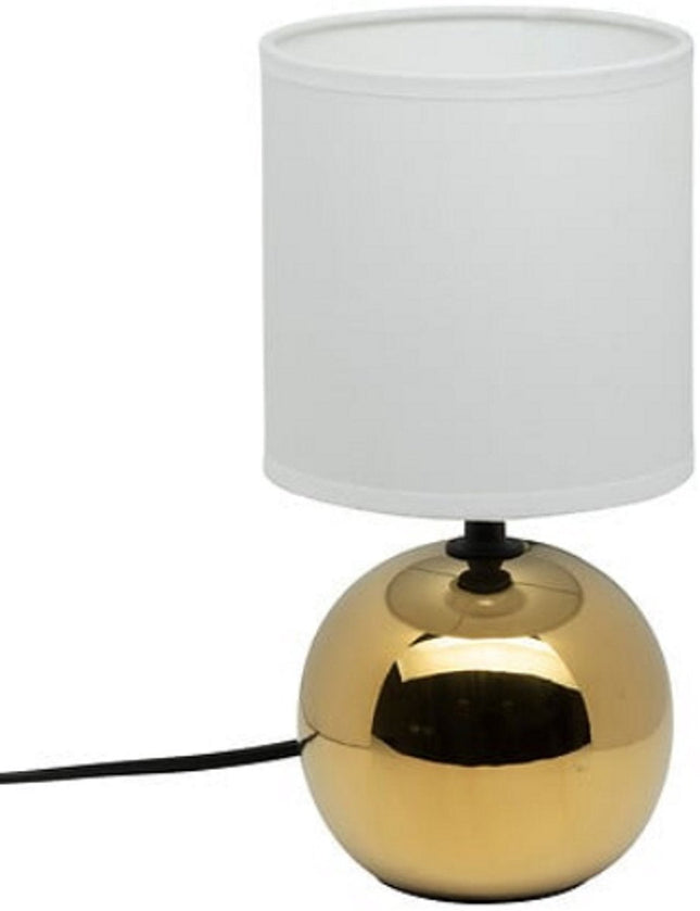Lampe à poser boule en céramique blanche et dorée | Veilleuse E14 | Abat-jour en tissu | Ø13 x H25 cm | Lampe de bureau | Lampe Boule en Céramique