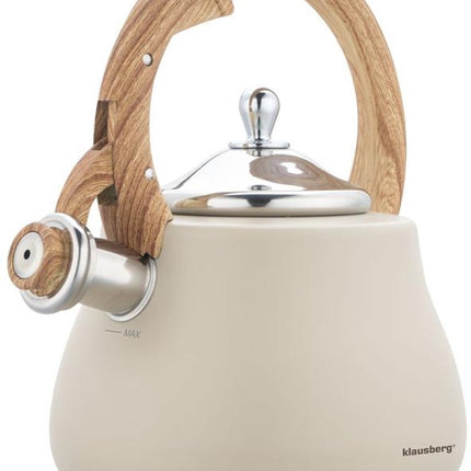Klausberg Bouilloire 2.8L Inox - Siffleuse pour Toutes Sources de Chaleur (Induction, Gaz) - Beige avec Poignée Aspect Bois