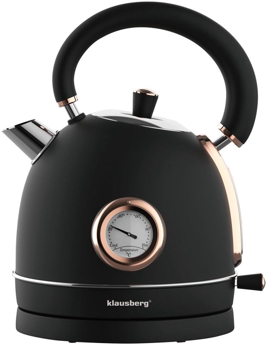 Klausberg 7905 - Retro Wasserkocher - 1,8L - Edelstahl - schwarz - mit Thermometer