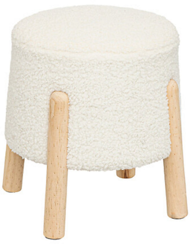 Pouf Tabouret Inuit Blanc Bouclé - Table d'Appoint avec Pieds en Bois - 41,5 cm - Tabouret - Pouf - Imitation laine