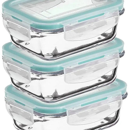 5Five Récipient alimentaire avec couvercle - 3x - verre - hermétique - avec clips - 14 x 10 x 5 cm - 330 ml