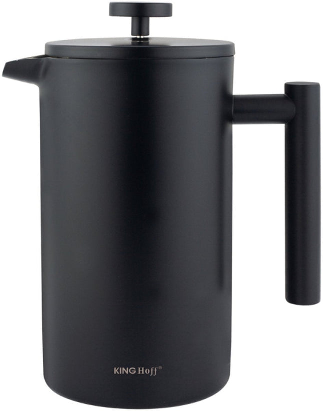 KINGHoff Cafetière à Piston 1 Litre – Noir Mat – Acier Inoxydable Double Paroi – Cafetière & Théière Luxe – KH-1996
