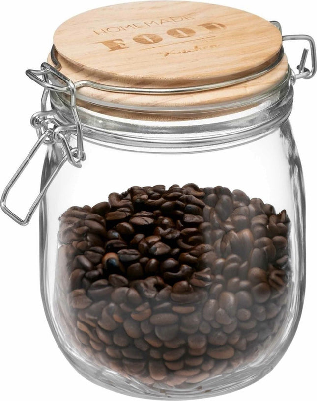 Bocal de conservation 0,75L en verre avec couvercle en bois et fermeture mécanique - 750 ml - Bocaux de conservation avec fermeture hermétique
