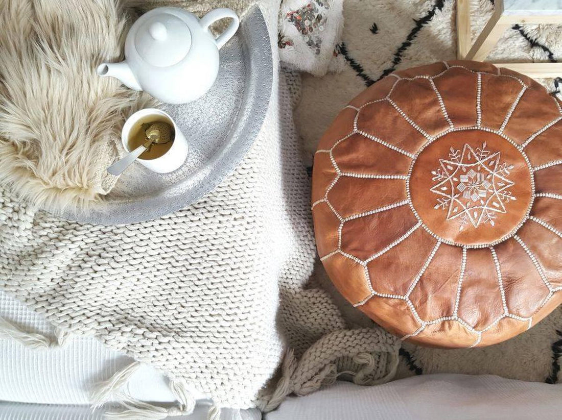 Moroccan leather pouf cognac brown - handmade