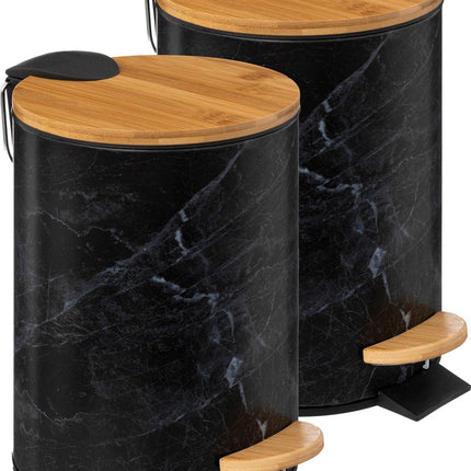 5Five Poubelle/poubelle à pédale aspect marbre - 2x - noir - 3 litres - métal/bambou - 17 x 25 cm - fermeture douce