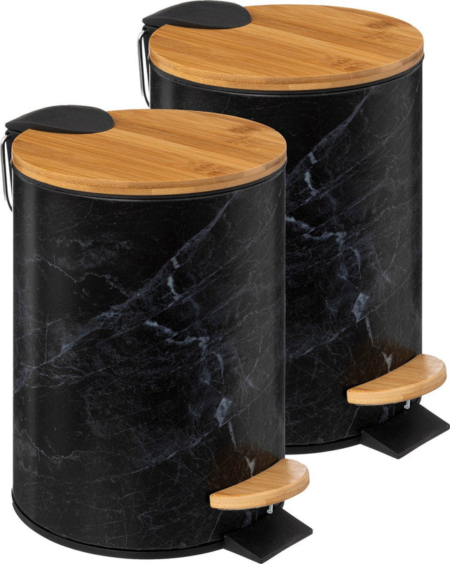 5Five Poubelle/poubelle à pédale aspect marbre - 2x - noir - 3 litres - métal/bambou - 17 x 25 cm - fermeture douce