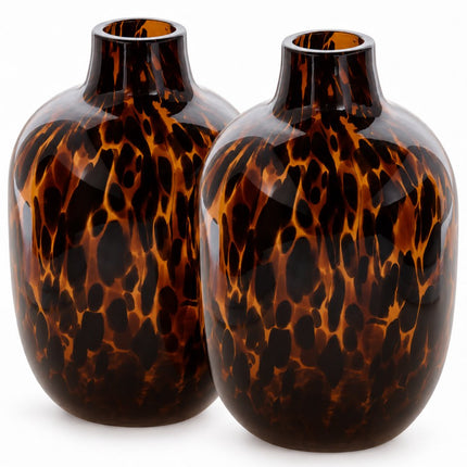 Set de 2 Vases en Verre Imprimé Léopard - Hauteur 25,5 cm - Motif Animal - Vase à Fleurs Moderne