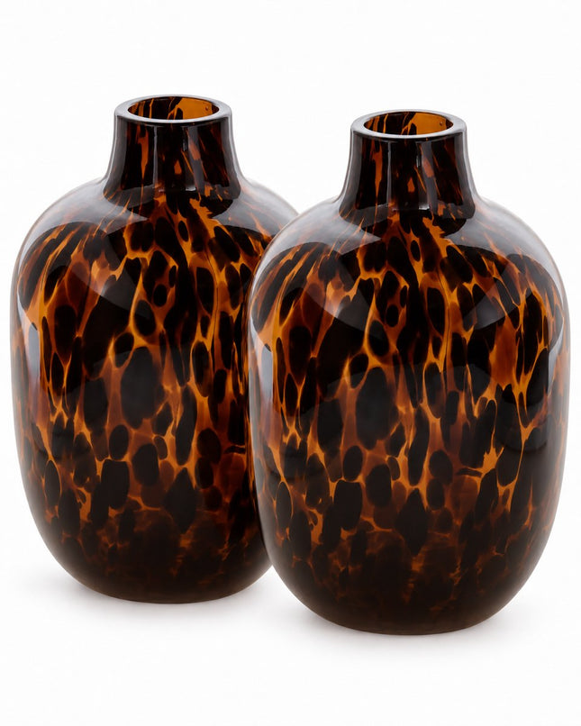 Set de 2 Vases en Verre Imprimé Léopard - Hauteur 25,5 cm - Motif Animal - Vase à Fleurs Moderne