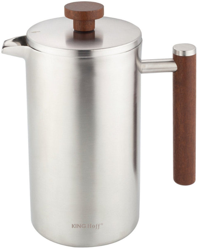 KINGHoff Cafetière à piston 1 litre – Acier inoxydable 304 – Double paroi – Poignée en bois – Cafetière et Théière de Luxe – KH-1995