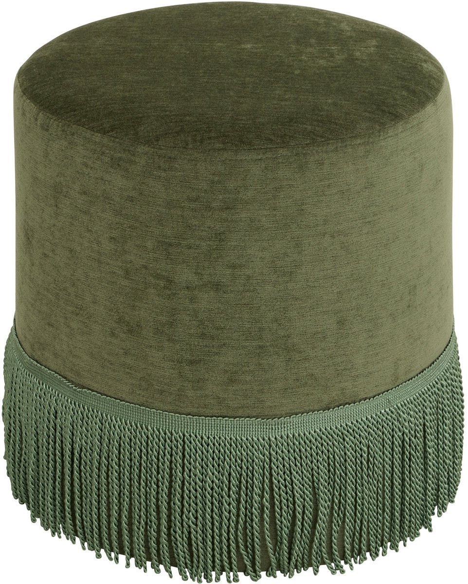 Atmosphera Alanya velvet poef groen – ronde poef met franjes, 38 cm hoog