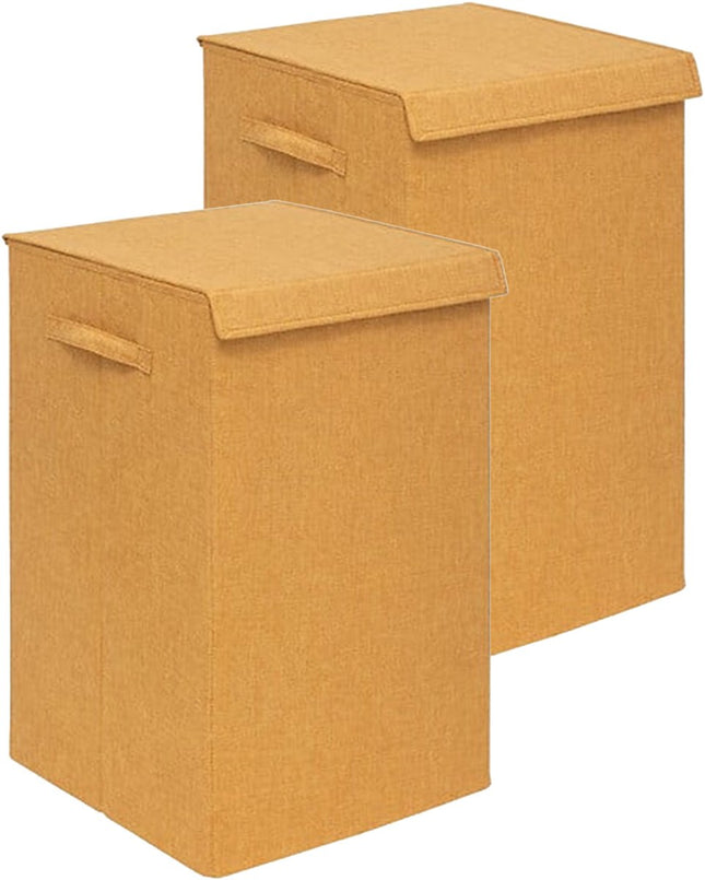 5Five Eureka panier à linge à trier - 2x - 74 litres - jaune ocre - 37 x 37 x 60 cm - MDF/Tissu polyester - avec couvercle