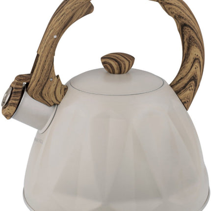 KINGHoff Bouilloire Sifflet 2 Litres – Inox – Compatible Induction – Beige Crème avec Poignée Effet Bois – Structure Diamant – KH-1998