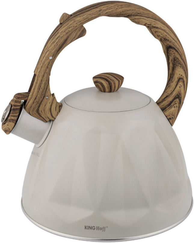 KINGHoff Bouilloire Sifflet 2 Litres – Inox – Compatible Induction – Beige Crème avec Poignée Effet Bois – Structure Diamant – KH-1998