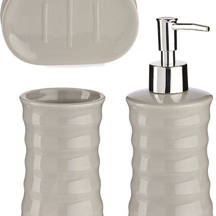 Ensemble d'accessoires de salle de bain à rayures 3 pièces gris galet en céramique - Coupe - Distributeur de savon - Gobelet