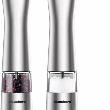Klausberg KB7610 - Moulin à Poivre et Sel Électrique - Avec Éclairage et Broyeur Céramique - Finesse de Mouture Réglable - Boîtier en Acier Inoxydable - Fonctionne avec 6 Piles AAA (non incluses)