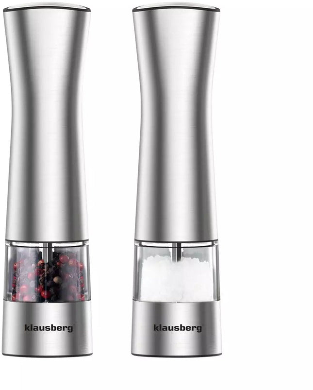Klausberg KB7610 - Moulin à Poivre et Sel Électrique - Avec Éclairage et Broyeur Céramique - Finesse de Mouture Réglable - Boîtier en Acier Inoxydable - Fonctionne avec 6 Piles AAA (non incluses)