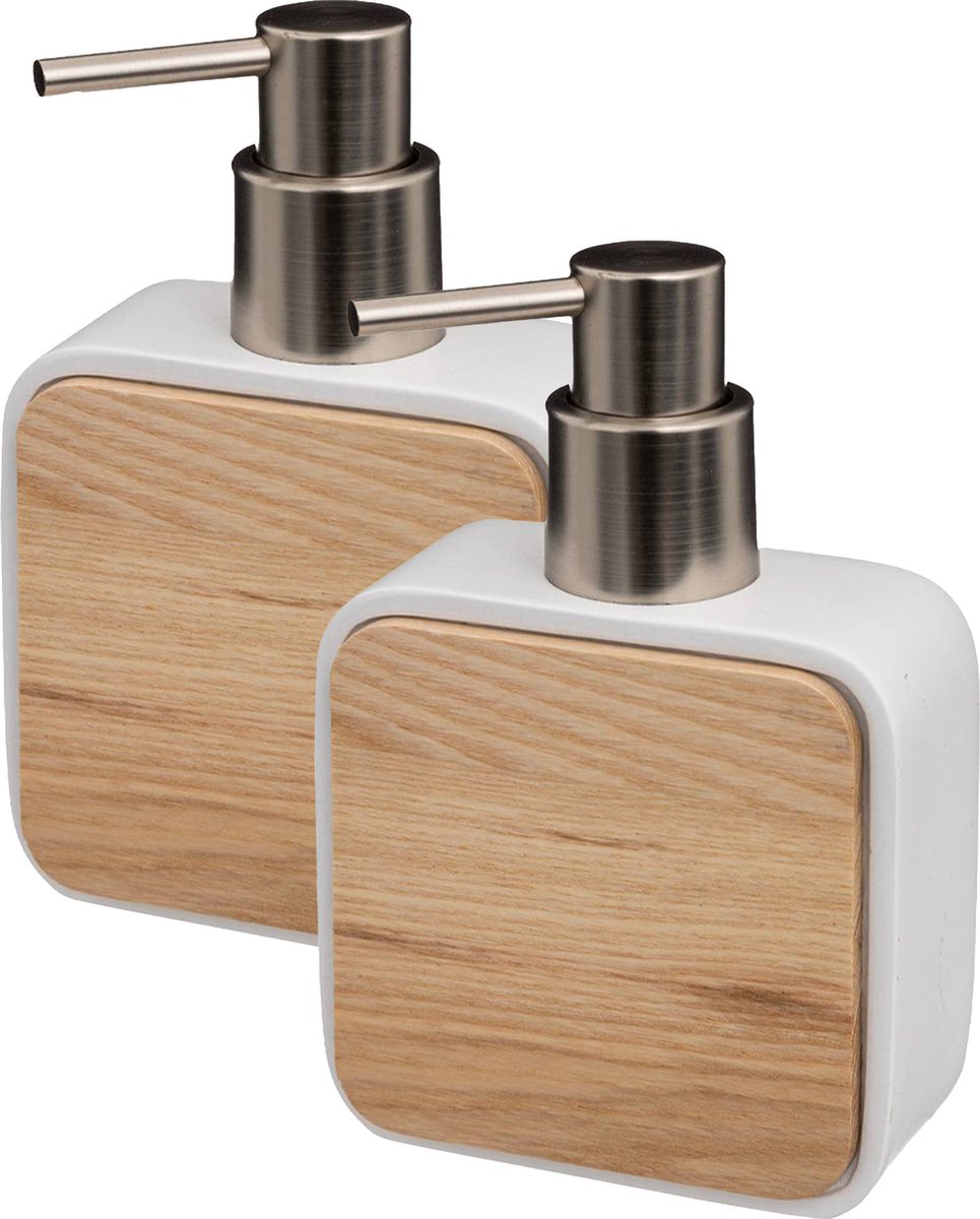 5Five zeeppompje / zeepdispenser - 2x stuks - wit - 10 x 15 cm - 200 ml - bamboe / kunststeen - badkamer