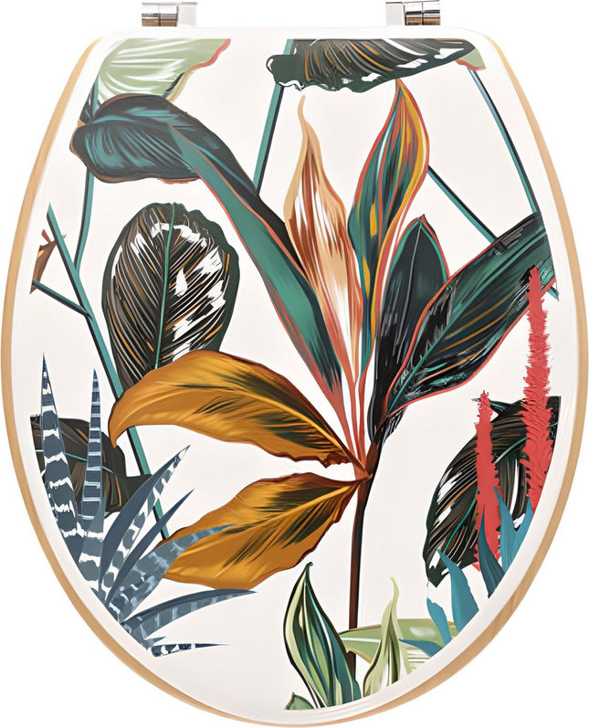 5five Abattant WC, bois Palawan + charnières zinc, Tropical leaves universel
