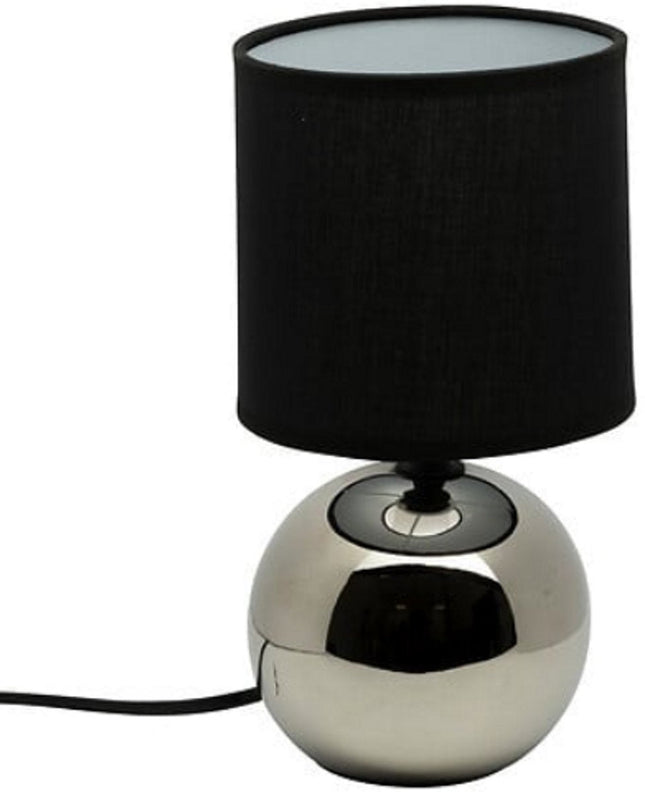 Lampe de table sphérique en céramique noire et argentée | Lampe de chevet E14 | Abat-jour en tissu | Ø13 x H25 cm | Lampe de bureau | Lampe sphérique en céramique