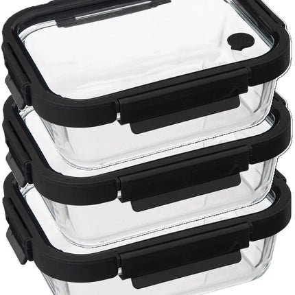 5Five Boîte de conservation avec couvercle - 3x - verre - hermétique - avec clips - 21 x 17 x 7 cm - 900 ml - noir/transparent