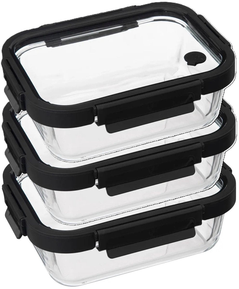 5Five Food storage container with lid - 3x - glass - airtight - with clips - 21 x 17 x 7 cm - 900 ml - black / transparent