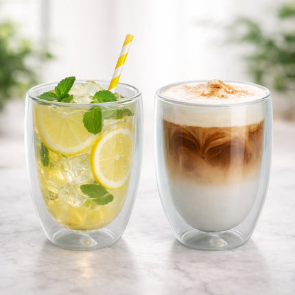 Lot de 2 Tasses à Double Paroi en Verre - 350 ml - Tasses à Thé ou à Café Isolantes sans Anse - Verre à Double Paroi - Gris