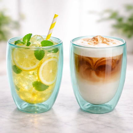 Lot de 2 Tasses à Double Paroi en Verre – 350 ml – Tasse à Thé ou à Café Isolante sans Anse – Verre à Double Paroi – Vert Turquoise