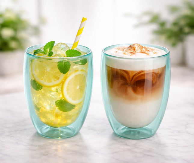 Lot de 2 Tasses à Double Paroi en Verre – 350 ml – Tasse à Thé ou à Café Isolante sans Anse – Verre à Double Paroi – Vert Turquoise