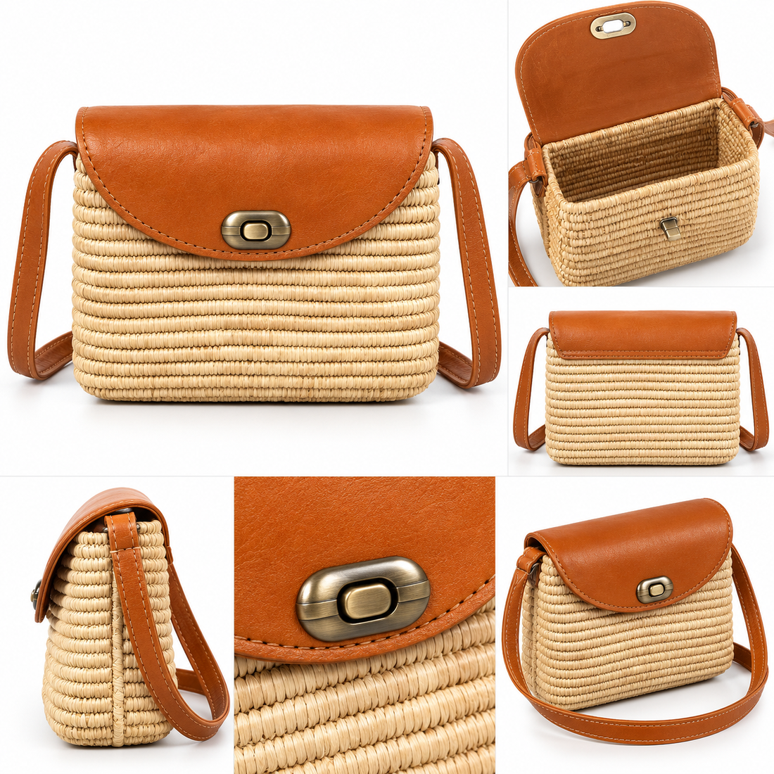 Moroccan Handmade Woven Shoulder Bag from Marrakech – Natural with Brown Leather – Crossbody Bag – 19 x 14 x 7 cm