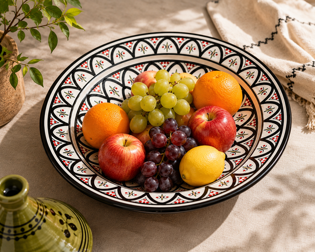 Plat marocain en céramique noir/rouge - blanc Ø35