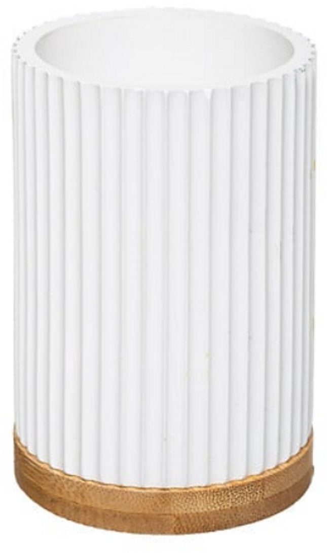 Porte-Brosse à Dents Moderne Blanc - Résine et Bambou - Organisateur de Salle de Bain - Diamètre 7,2 x Hauteur 11 cm - Moderne - Gobelet à Brosse à Dents - Gobelet de Salle de Bain
