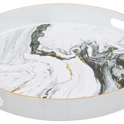 Plateau Rond Aspect Marbre Blanc - 33 cm - Avec Poignées - Plastique Brillant - Effet Marbre - Effet Pierre - Couleur Blanche - poignée incluse