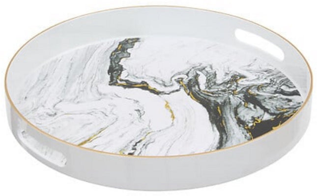 Plateau Rond Aspect Marbre Blanc - 33 cm - Avec Poignées - Plastique Brillant - Effet Marbre - Effet Pierre - Couleur Blanche - poignée incluse