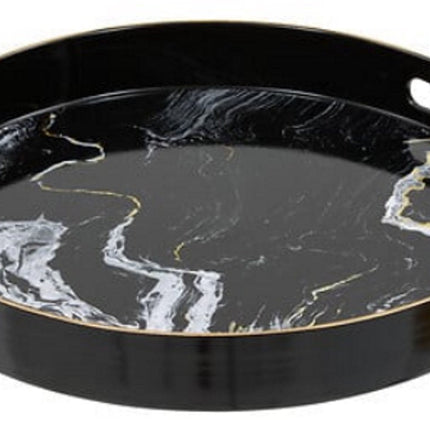 Plateau Rond Noir Aspect Marbre - 33 cm - Avec Poignées - Plastique Brillant - Aspect Marbre - Aspect Pierre - Couleur Noire - poignée incluse