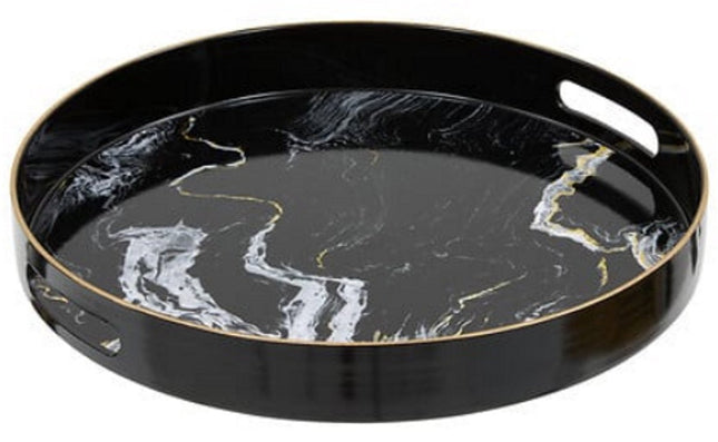 Plateau Rond Noir Aspect Marbre - 33 cm - Avec Poignées - Plastique Brillant - Aspect Marbre - Aspect Pierre - Couleur Noire - poignée incluse