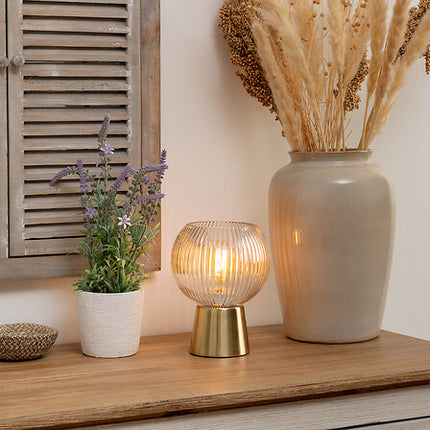 Moderne Tafellamp - Glas & Goud Metaal - 19,5 cm Hoge Sfeerverlichting (Ø 15 cm, Koord 150 cm) - Luxe Design voor Woonkamer of Slaapkamer