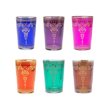 Verres à thé marocains colorés ornés de motifs dorés traditionnels (lot de 6 verres)