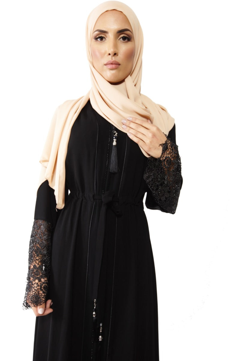 Abaya met kanten mouwen en steentjes – marineblauw of zwart, maat 40-50 – foto 4