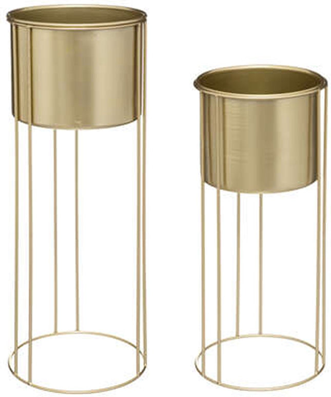 Pots de fleurs 2x sur support en métal doré - D18 x H41/D21 et H58 cm