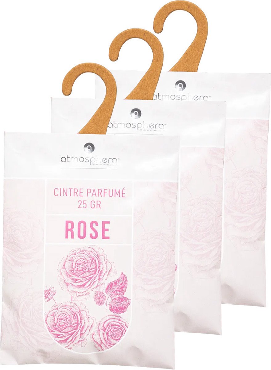 Atmosphera Rose Scented Sachets - 3x - with hanging hook - scent cards/air freshener