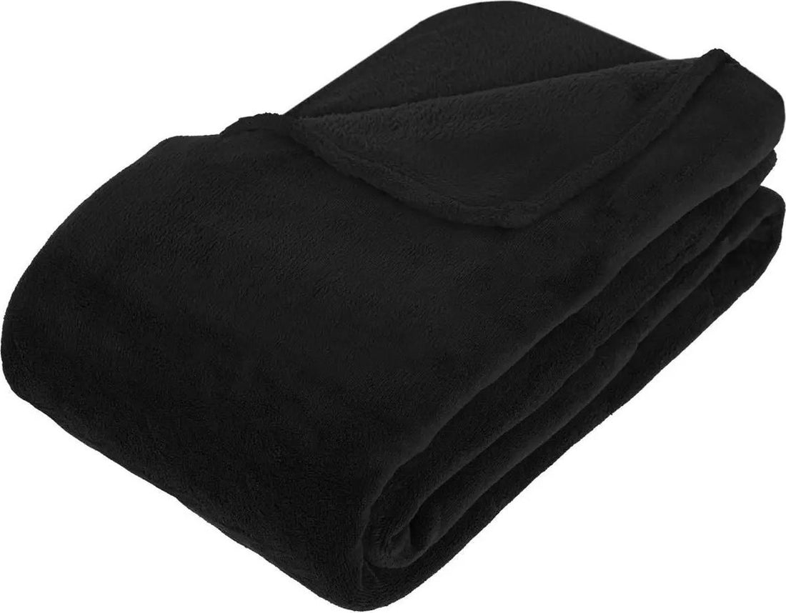 Atmosphera Grote Fleece bank deken / fleece plaid - zwart - 180 x 230 cm
