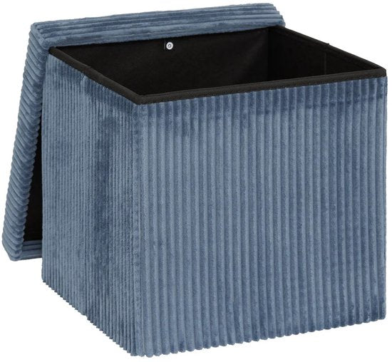 Tabouret/Pouf Essential Ribcord - pliable - bleu - MDF/polyester - 38 x 38 cm - avec rangement - sièges supplémentaires