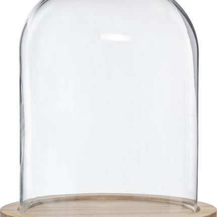 Dôme décoratif en verre sur plateau en bois - verre/marron clair - D23 x H29.5 cm