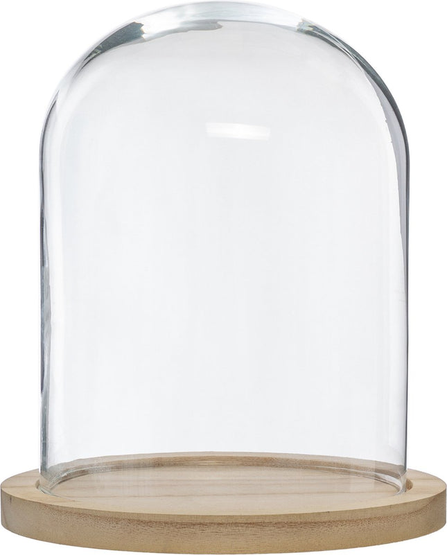 Dôme décoratif en verre sur plateau en bois - verre/marron clair - D23 x H29.5 cm