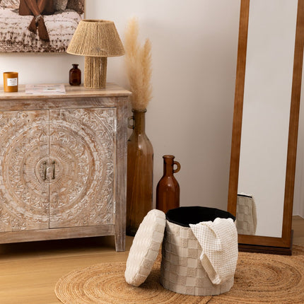 Atmosphera Pouf Pliant Carreaux - Ø38xH38cm - Beige