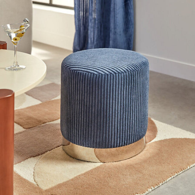 Atmosphera Sylia Pouf en Velours Côtelé - Ø38xH38cm - Bleu Encre
