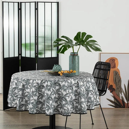 Nappe ronde en polyester diamètre 180 cm - imprimé palmier noir et blanc - Nappes de table à manger