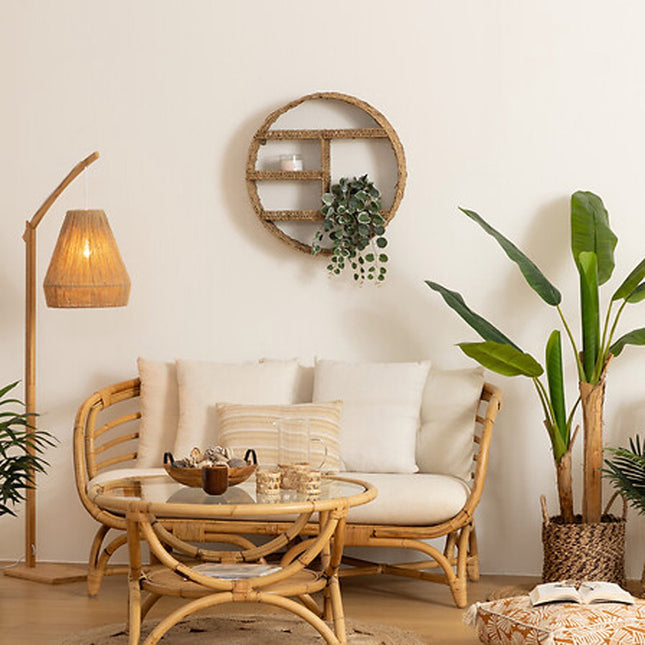 Atmosphera Étagère/patère murale Aria - marron - rotin - style Ibiza - 3 étagères - D58 x 12 cm