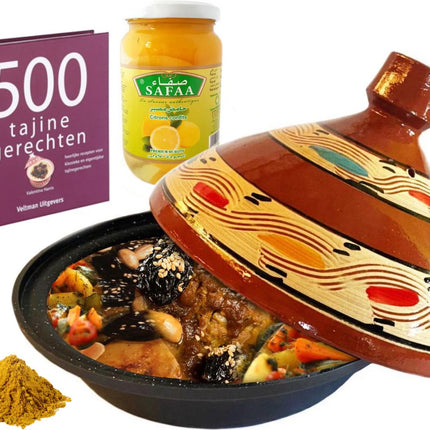 Coffret cadeau tajine de luxe complet. -livre de cuisine-épices-citrons confits