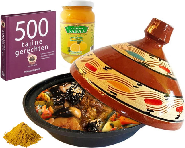Coffret cadeau tajine de luxe complet. -livre de cuisine-épices-citrons confits